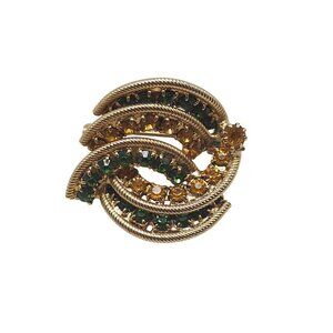 Vintage Gold Tone Swirl Brooch With Green and Amber Rhinestones
